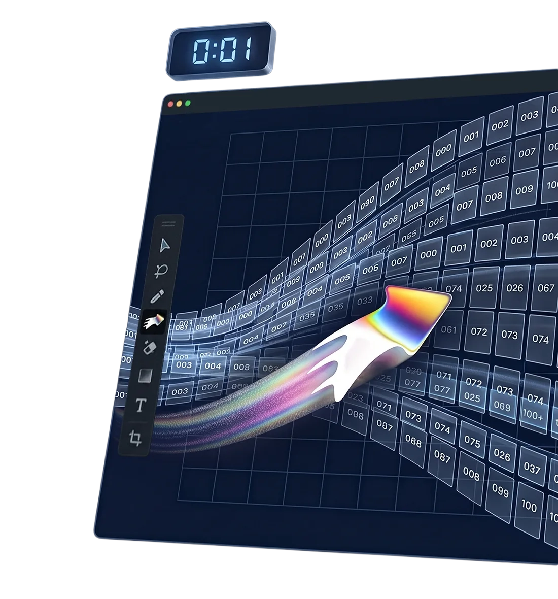 A document of artboards fanning away into the distance, each carrying its own number, with the Designer Shortcuts mark sweeping across them.